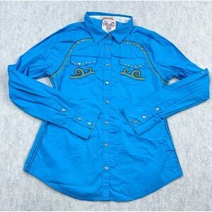 Roar Shirt Women Large Light Blue Pearl Snap Western Yoke Embroidered Ladies